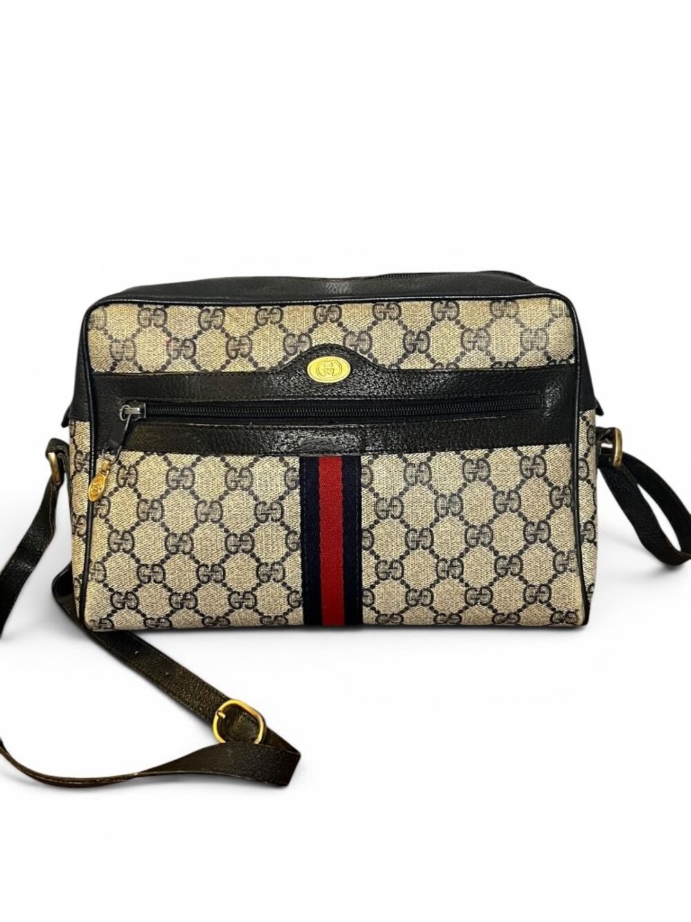 Gucci Vintage Ophidia Supreme GG Canvas Shoulder Bag with Web Stripe in Navy